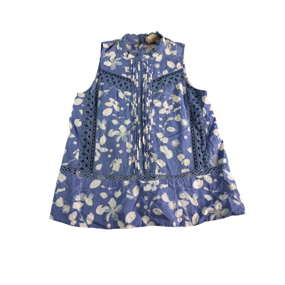Vanessa Virginia Anthropologie Blue Floral Cotton Lace Sleeveless Blouse 12